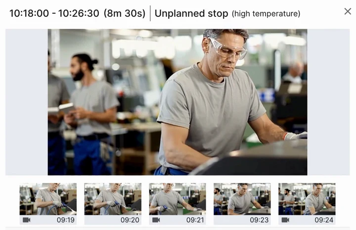 Fabrico stop record: an unplanned stop from 10:18 to 10:26:30 with the camera clip of the line and five clip thumbnails (demo data)